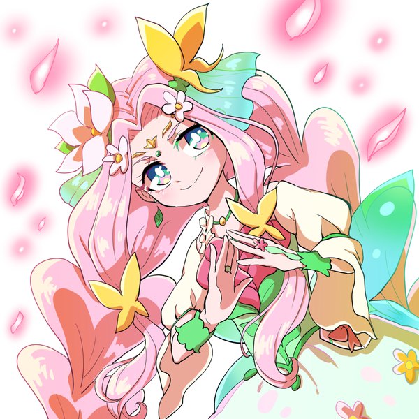 Anime picture 1000x1000 with precure mahou girls precure! toei animation hanami kotoha cure felice guguro single long hair blush smile white background payot looking away pink hair braid (braids) head tilt pink eyes arm up hair flower aqua eyes