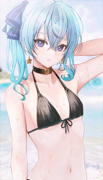 Anime picture 2000x3500 with virtual youtuber hololive hoshimachi suisei sanada keisui single long hair tall image fringe highres light erotic hair between eyes purple eyes blue hair upper body outdoors parted lips arm up blurry sparkle wet