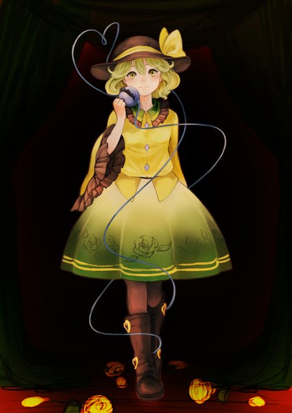 Anime picture 2480x3508 with touhou komeiji koishi ikoan single tall image looking at viewer blush fringe highres short hair simple background smile hair between eyes standing green eyes full body green hair wide sleeves floral print dark background