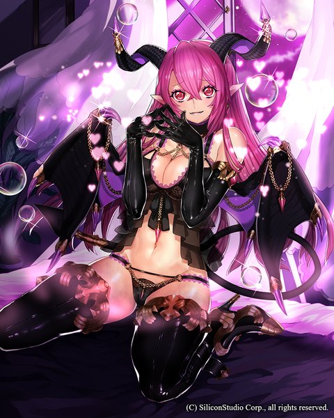 Anime picture 800x1000 with gyakushuu no fantasica katagiri hachigou single long hair tall image looking at viewer blush light erotic red eyes pink hair cleavage horn (horns) pointy ears girl thighhighs gloves underwear panties black thighhighs wings