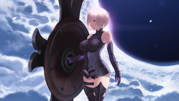 Anime picture 1920x1080 with fate (series) fate/grand order mash kyrielight cait single looking at viewer fringe highres short hair breasts light erotic wide image standing purple eyes bare shoulders holding pink hair sky cloud (clouds) outdoors