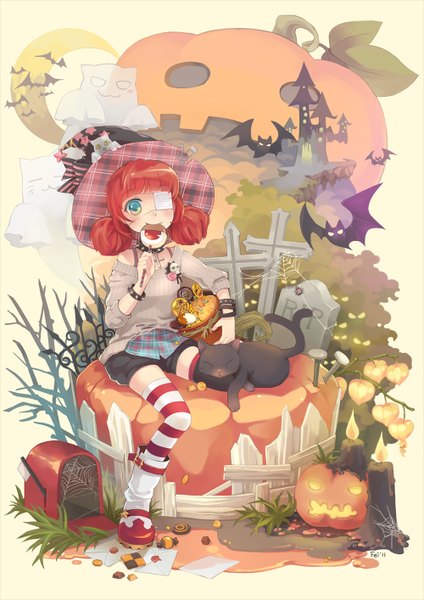 Anime picture 1000x1414 with original fei (pixiv) tall image looking at viewer blush short hair blue eyes twintails red hair short twintails halloween ghost crescent girl thighhighs bracelet cat collar witch hat eyepatch