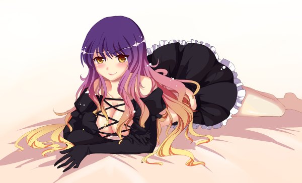 Anime picture 1200x728 with touhou hijiri byakuren pandako single long hair looking at viewer blush light erotic smile wide image yellow eyes cleavage purple hair multicolored hair two-tone hair girl dress gloves elbow gloves