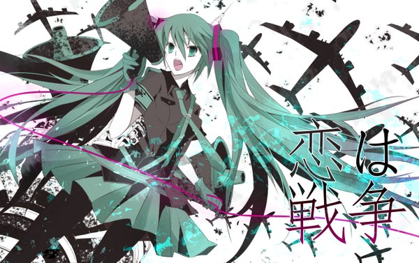 Anime picture 1280x805 with vocaloid koi wa sensou (vocaloid) hatsune miku oluha single open mouth twintails green eyes very long hair green hair girl skirt gloves hair ornament miniskirt shirt necktie black shirt megaphone