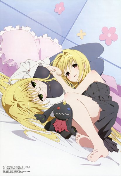 Anime picture 4090x5926 with toloveru toloveru darkness megami magazine xebec konjiki no yami tearju lunatique ouka yuichi long hair tall image blush highres blonde hair red eyes multiple girls green eyes absurdres barefoot official art legs girl