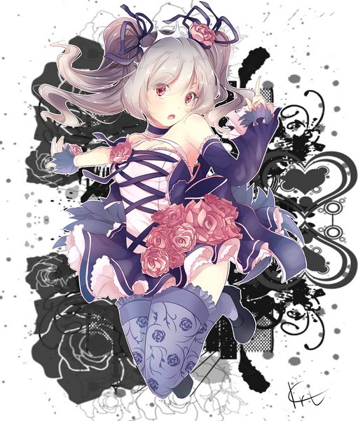 Anime picture 805x945 with idolmaster idolmaster cinderella girls kanzaki ranko kito koruta single long hair tall image looking at viewer fringe open mouth red eyes bare shoulders bent knee (knees) hair flower grey hair jumping anniversary princess girl thighhighs hair ornament