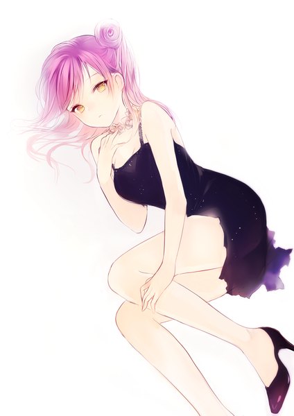 Anime picture 620x877 with original lpip single long hair tall image looking at viewer simple background white background bare shoulders yellow eyes pink hair lying hair bun (hair buns) high heels on side girl dress flower (flowers) black dress short dress
