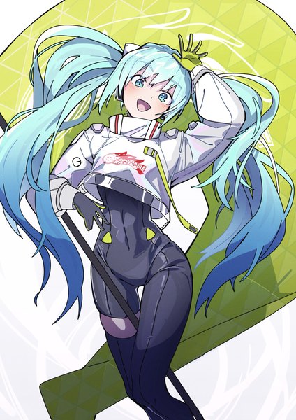 Anime picture 2894x4093 with vocaloid goodsmile racing hatsune miku racing miku racing miku (2022) hanten (hantennano) single long hair tall image looking at viewer highres open mouth twintails head tilt :d arm up aqua eyes aqua hair zettai ryouiki girl