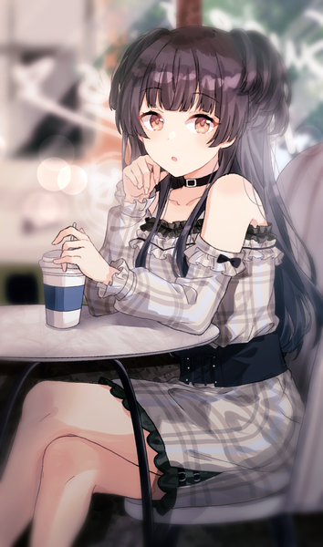 Anime picture 1248x2117 with idolmaster idolmaster shiny colors mayuzumi fuyuko migolu single long hair tall image looking at viewer blush fringe open mouth black hair sitting bare shoulders brown eyes indoors blunt bangs long sleeves blurry :o