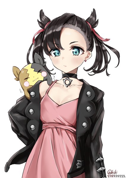 Anime picture 2508x3541 with pokemon pokemon (game) pokemon swsh nintendo marnie (pokemon) morpeko akiki222222222 single tall image looking at viewer blush highres short hair breasts black hair simple background standing white background twintails bare shoulders