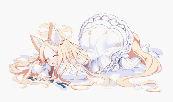 Anime picture 6308x3750 with blue archive seia (blue archive) xintianou single long hair highres open mouth simple background blonde hair wide image white background animal ears yellow eyes absurdres full body tail lying :d animal tail girl