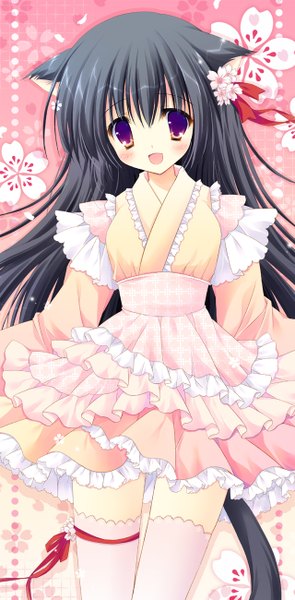 Anime picture 640x1300 with original hasekura chiaki single long hair tall image looking at viewer blush open mouth black hair purple eyes animal ears tail animal tail cat ears cat girl cat tail girl thighhighs dress white thighhighs
