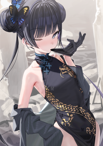 Anime picture 992x1403 with blue archive kisaki (blue archive) kanzarin (hoochikiss) single long hair tall image looking at viewer blush fringe blue eyes light erotic black hair standing bare shoulders blunt bangs traditional clothes one eye closed from above off shoulder hair bun (hair buns)