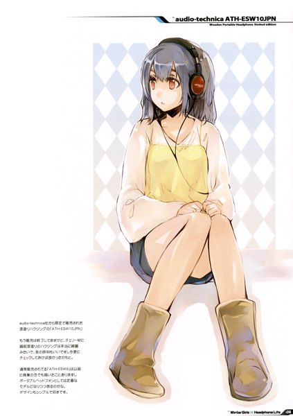 Anime picture 2470x3500 with winter girls x headphone life fujishima (artist) single long hair tall image highres simple background sitting brown eyes grey hair inscription hieroglyph girl headphones wire (wires)