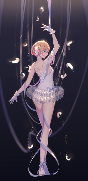 Anime picture 3307x6737 with original yuwan 2333 single tall image looking at viewer blush fringe highres short hair blue eyes light erotic blonde hair hair between eyes standing absurdres full body ass braid (braids) profile arm up