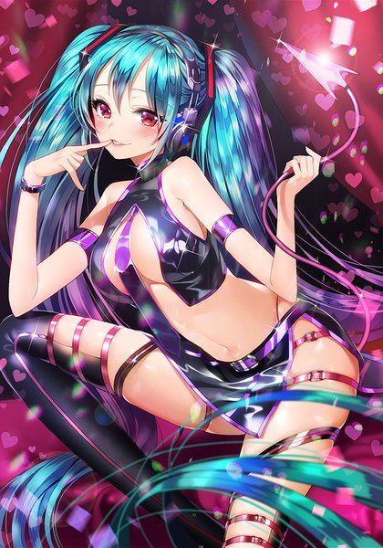 Anime-Bild 700x1000 mit vocaloid sweet devil (vocaloid) hatsune miku aile (crossroads) single long hair tall image looking at viewer blush fringe breasts light erotic smile red eyes large breasts standing twintails bare shoulders holding payot