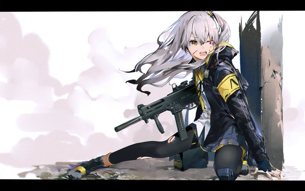 Anime picture 3508x2205 with girls frontline ump45 (girls frontline) yamano (yamanoh) single long hair fringe highres open mouth smile hair between eyes holding brown eyes absurdres silver hair cloud (clouds) outdoors one eye closed wind arm support open jacket