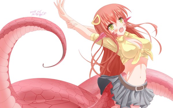 Anime picture 1500x937 with monster musume no iru nichijou miia (monster musume) dai jijie single long hair looking at viewer blush fringe breasts open mouth simple background wide image white background red hair tail pointy ears snake tail lamia girl skirt