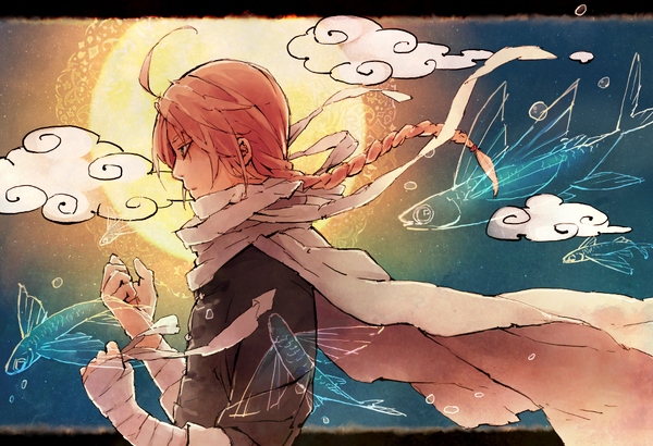 Anime picture 1000x684 with gintama sunrise (studio) kamui (gintama) pood1e single long hair ahoge braid (braids) profile wind black eyes orange hair single braid chinese clothes boy cape cloak bandage (bandages) fish (fishes) sun