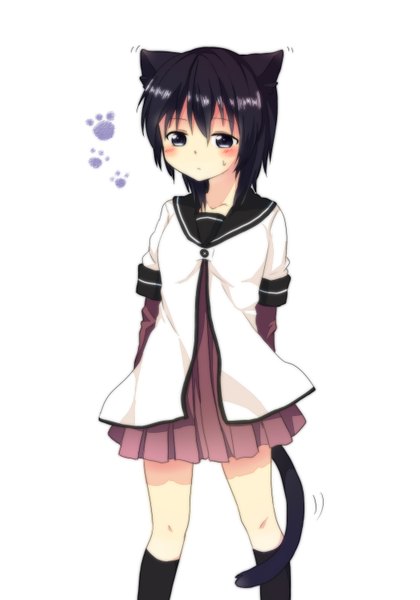 Anime picture 1045x1492 with yuru yuri doga kobo single tall image blush short hair black hair simple background white background animal ears black eyes cat ears cat tail paw print girl uniform school uniform