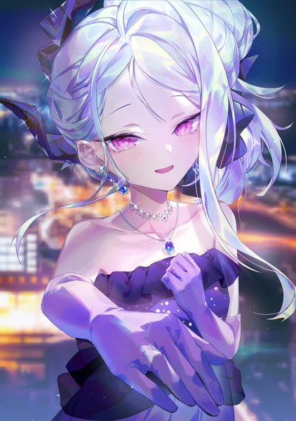 Anime picture 1407x2000 with blue archive hina (blue archive) hina (dress) (blue archive) emoillu single long hair tall image looking at viewer open mouth purple eyes silver hair upper body :d horn (horns) sparkle official alternate costume outstretched hand girl dress gloves