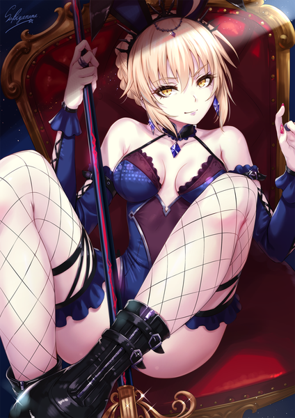 Anime picture 1200x1697 with fate (series) fate/grand order artoria pendragon (all) artoria pendragon (alter swimsuit rider) (fate) sakiyamama single tall image looking at viewer fringe short hair breasts light erotic blonde hair hair between eyes sitting bare shoulders holding signed animal ears yellow eyes