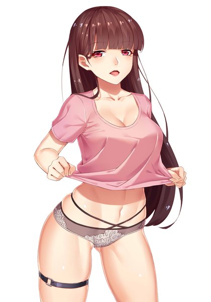 Anime picture 1400x2000 with original yi mian single long hair tall image looking at viewer fringe breasts open mouth light erotic simple background brown hair white background cleavage blunt bangs pink eyes ass visible through thighs girl navel underwear