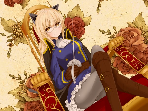 Anime picture 1600x1200 with strike witches perrine h clostermann suto (iamsuto) long hair looking at viewer blonde hair animal ears yellow eyes crossed legs girl flower (flowers) weapon sword glasses boots throne epee