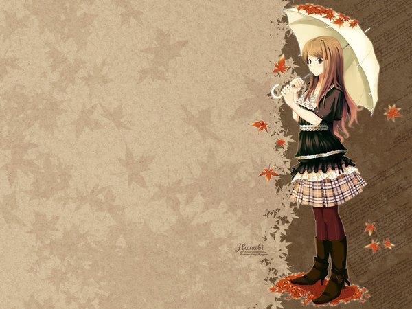 Anime picture 1600x1200 with i.s.w long hair looking at viewer brown hair pleated skirt light smile autumn skirt leaf (leaves) umbrella kitagawa unagi