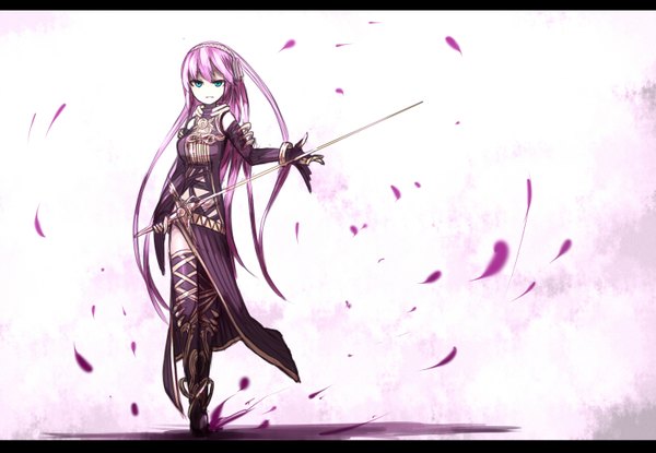 Anime picture 1500x1038 with vocaloid megurine luka ganesagi single long hair looking at viewer open mouth blue eyes smile pink hair alternate costume girl thighhighs gloves hair ornament weapon petals sword elbow gloves bracelet