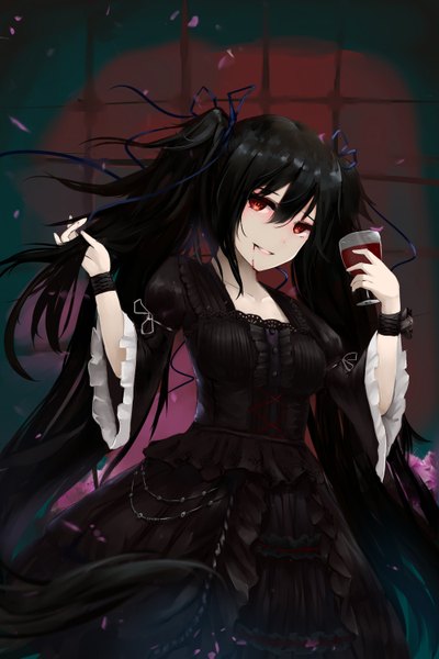 Anime picture 1000x1500 with original poet (artist) single long hair tall image fringe black hair smile hair between eyes red eyes twintails holding parted lips head tilt wide sleeves adjusting hair gothic girl dress ribbon (ribbons)