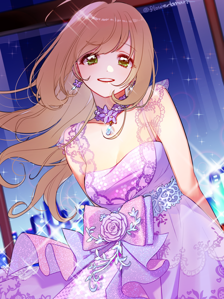 Anime picture 1200x1600 with idolmaster idolmaster cinderella girls idolmaster cinderella girls starlight stage satou shin hana shiori single long hair tall image looking at viewer smile brown hair green eyes signed cleavage ahoge sparkle twitter username grin brilliant heart girl