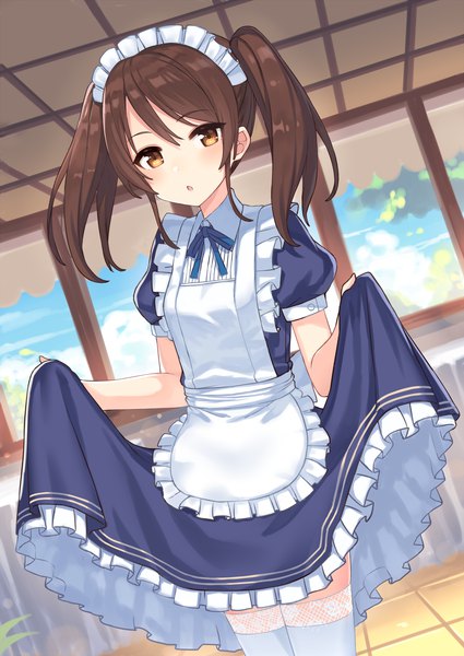 Anime picture 1451x2050 with original hajime kaname single long hair tall image looking at viewer blush brown hair twintails brown eyes indoors maid puffy sleeves frilled dress girl thighhighs dress uniform white thighhighs frills