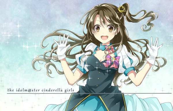 Anime picture 1200x768 with idolmaster idolmaster cinderella girls shimamura uzuki tm-pika single long hair open mouth brown hair brown eyes upper body sparkle puffy sleeves copyright name one side up spread arms star!! girl gloves white gloves
