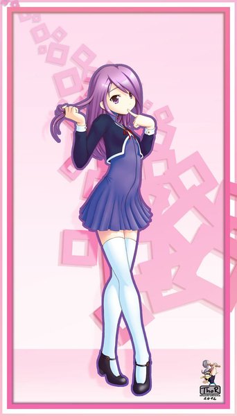 Anime picture 600x1050 with evilflesh (artist) single long hair tall image looking at viewer purple eyes purple hair finger to mouth girl thighhighs uniform school uniform white thighhighs