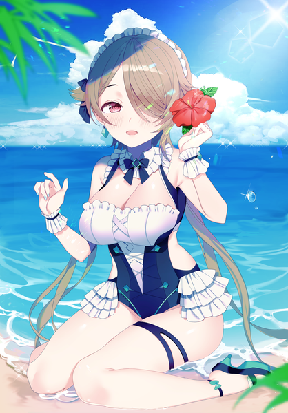 Anime picture 3000x4300 with honkai impact 3rd honkai (series) rita rossweisse rita rossweisse (icy sea spray) myao (o3o333) single long hair tall image fringe highres breasts light erotic brown hair large breasts sitting twintails sky cleavage cloud (clouds) pink eyes