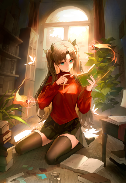 Anime picture 1234x1782 with fate (series) fate/stay night toosaka rin kernel killer single long hair tall image fringe brown hair sitting holding looking away full body bent knee (knees) long sleeves head tilt aqua eyes sunlight sparkle two side up