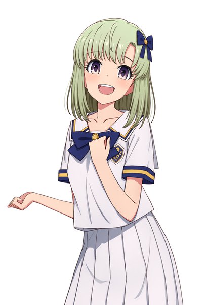 Anime picture 1155x1702 with idolmaster idolmaster stella stage shiika (idolmaster) yahiro (epicopeiidae) single long hair tall image looking at viewer blush fringe open mouth simple background white background brown eyes :d pleated skirt green hair girl skirt uniform
