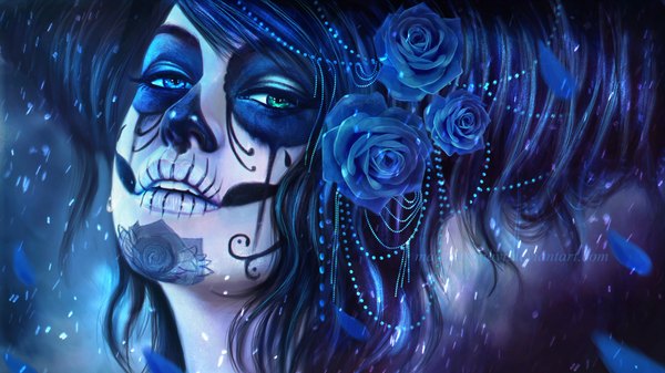 Anime picture 1920x1080 with magicnaanavi single long hair highres open mouth blue eyes black hair wide image signed hair flower realistic close-up face face paint girl hair ornament flower (flowers) rose (roses) beads blue rose