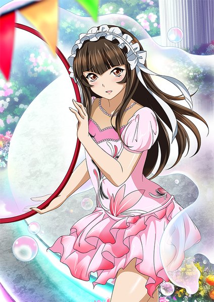 Anime picture 600x848 with ikkitousen teni single long hair tall image blush open mouth brown hair brown eyes girl dress flower (flowers) bubble (bubbles) lolita hairband
