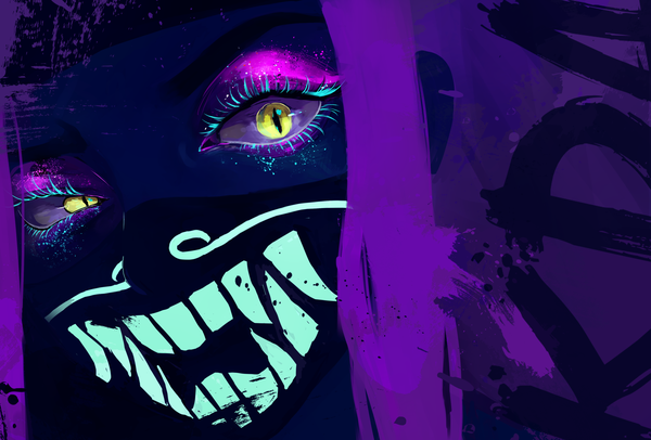 Anime picture 2900x1966 with league of legends k/da (league of legends) akali (league of legends) k/da akali suzusa (pixiv id3828164) single highres yellow eyes purple hair close-up eyeshadow slit pupils ultraviolet light girl mask