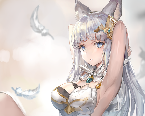 Anime picture 1100x880 with granblue fantasy korwa (granblue fantasy) momoko (momopoco) single long hair looking at viewer fringe breasts blue eyes light erotic simple background animal ears silver hair upper body blunt bangs parted lips blurry armpit (armpits) depth of field sleeveless