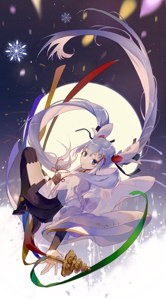 Anime picture 2480x4459 with vocaloid hatsune miku yuki miku yuki miku (2018) zhibuji loom single tall image highres blue eyes twintails silver hair full body very long hair traditional clothes japanese clothes outstretched arm midair girl thighhighs hair ornament