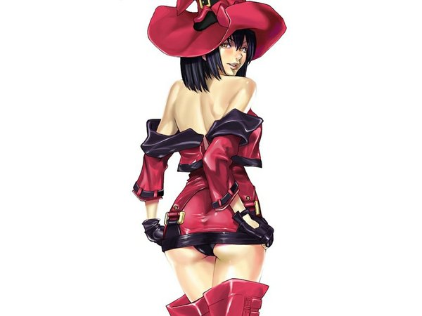 Anime picture 1024x768 with guilty gear i-no light erotic black hair ass looking back mole back leather gloves underwear panties hat boots ohshima ryo