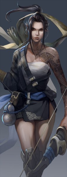 Anime picture 600x1568 with overwatch blizzard entertainment hanzo (overwatch) hage2013 single long hair tall image looking at viewer black hair simple background brown eyes payot ponytail traditional clothes realistic tattoo gradient background genderswap girl weapon