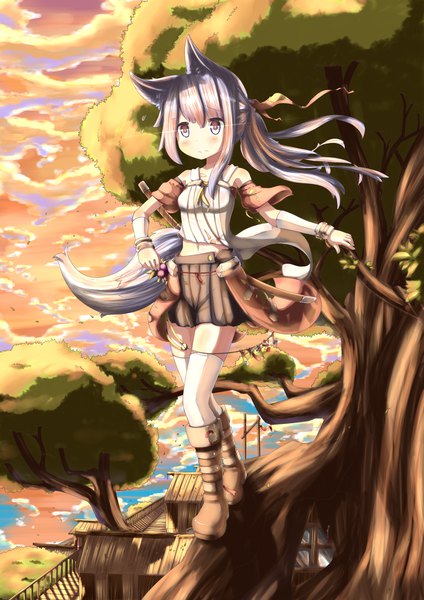 Anime picture 2480x3507 with original hinbackc single long hair tall image blush highres blue eyes animal ears looking away sky cloud (clouds) full body outdoors ponytail tail animal tail pleated skirt wind grey hair
