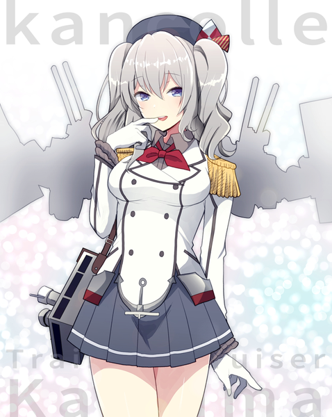 Anime picture 842x1056 with kantai collection kashima training cruiser hiroichi single long hair tall image looking at viewer fringe open mouth blue eyes hair between eyes standing twintails pleated skirt grey hair copyright name character names finger to mouth girl skirt