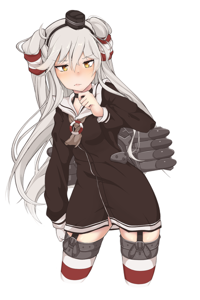 Anime picture 1280x1920 with kantai collection amatsukaze destroyer tiribrush single long hair tall image looking at viewer blush fringe simple background hair between eyes standing white background yellow eyes silver hair two side up wavy mouth girl thighhighs dress