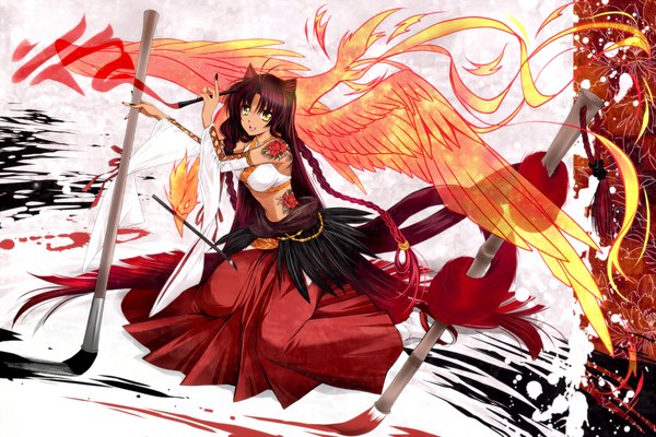 Anime picture 1920x1280 with original kanna (plum) single long hair highres open mouth animal ears yellow eyes red hair tattoo girl skirt detached sleeves paintbrush calligraphy brush