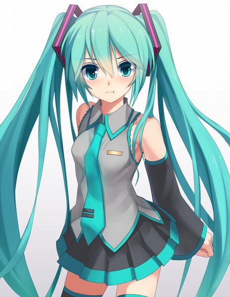 Anime picture 931x1200 with vocaloid hatsune miku shimamura single tall image looking at viewer blush simple background white background twintails bare shoulders very long hair aqua eyes aqua hair zettai ryouiki girl thighhighs skirt detached sleeves necktie
